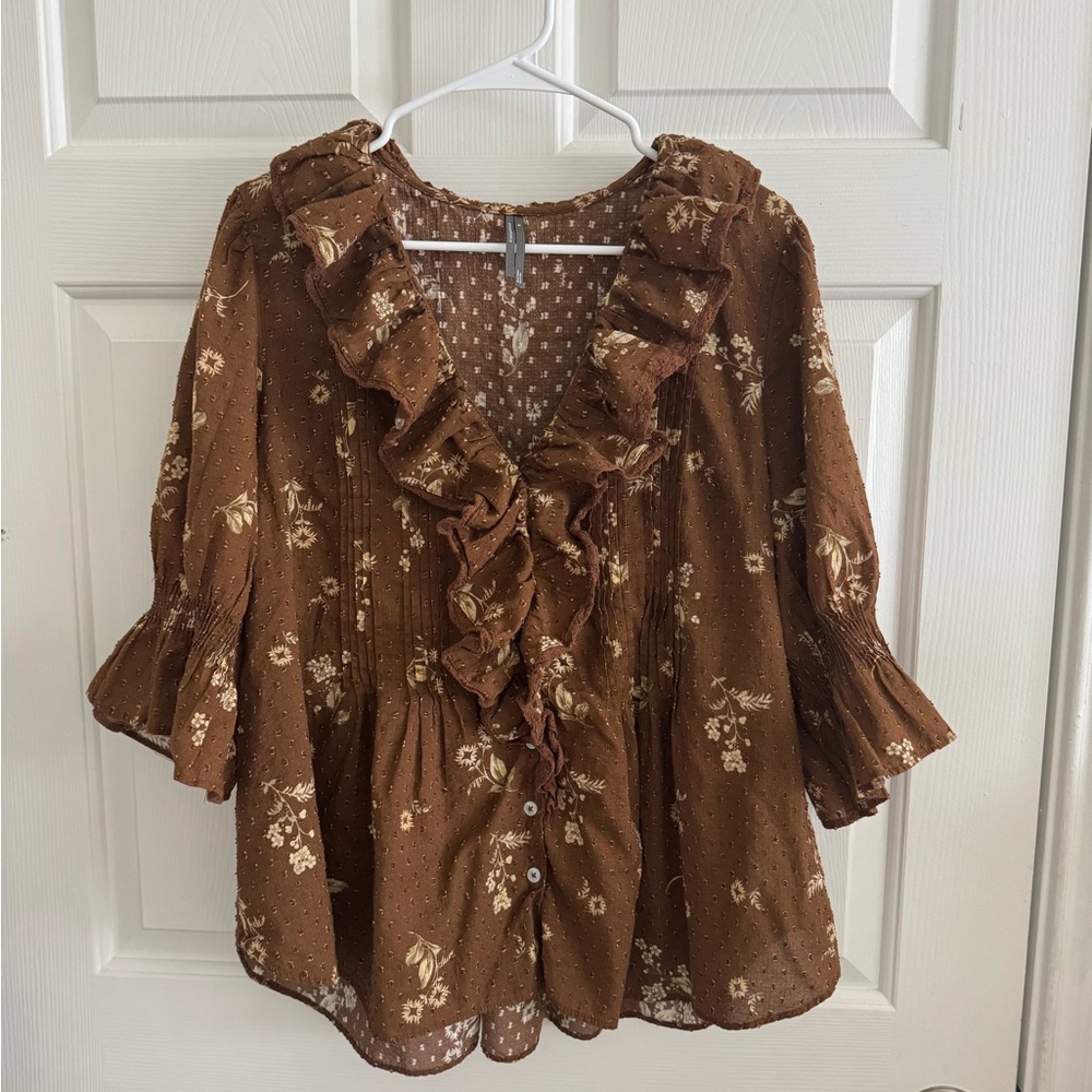 Anthropologie Brown & White Ruffled Pintuck Button Front Blouse Size XL